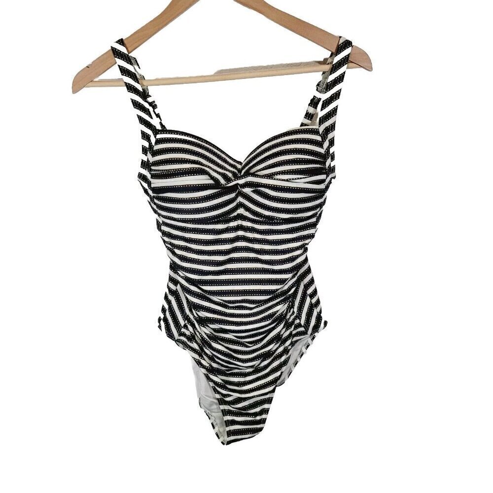 Niptuck Swimsuit One Piece Size 8 US Striped Black White Gold Multi-Fit Cup
